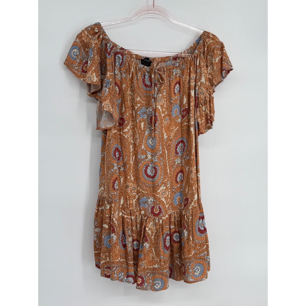 Cynthia‎ Rowley Sz S Boho Off Shoulder Mini Dress Ruffle Sleeve Orange Blue